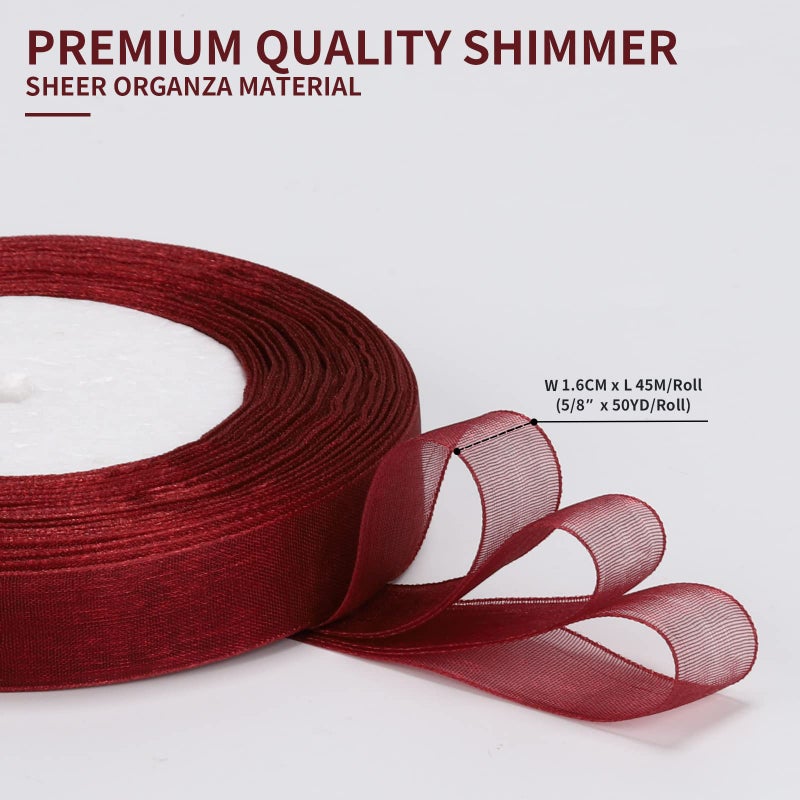 molshine 50 Yards x 5/8 Inch Shimmer Sheer Organza Ribbon,Chiffon Fabric Ribbons for Bouquets Garland,Bowknot,Wedding,Gift Wrapping,Hair,Crafts,Decoration (Wine red, 5/8") - Image 2